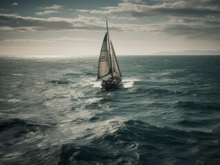 A sailboat sailing alone in the vast ocean