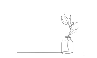 One continuous line drawing of Eucalyptus branch in vase. Single line drawing in scandinavian line art style. Editable stroke outline silhouette of beautiful flower. Modern Vector drawing with leaves