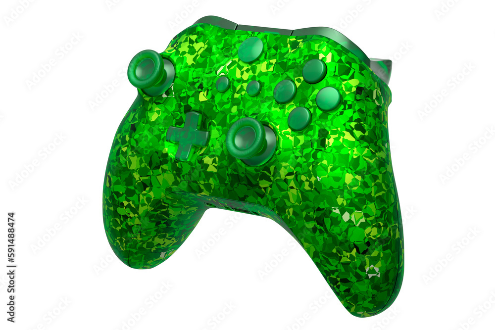Poster realistic video game joystick with mosaic seamless pattern on white background