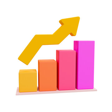 3d minimal data analysis icon. soaring finances. stock up. strengthening currency. A bar graph with an arrow up. 3d illustration.
