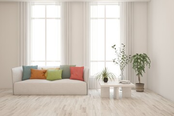 White modern interior design with sofa. Scandinavian interior design. 3D illustration