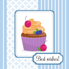 Cute Happy Birthday card with a cupcake with cherries and blueberries. Flat style vector illustration