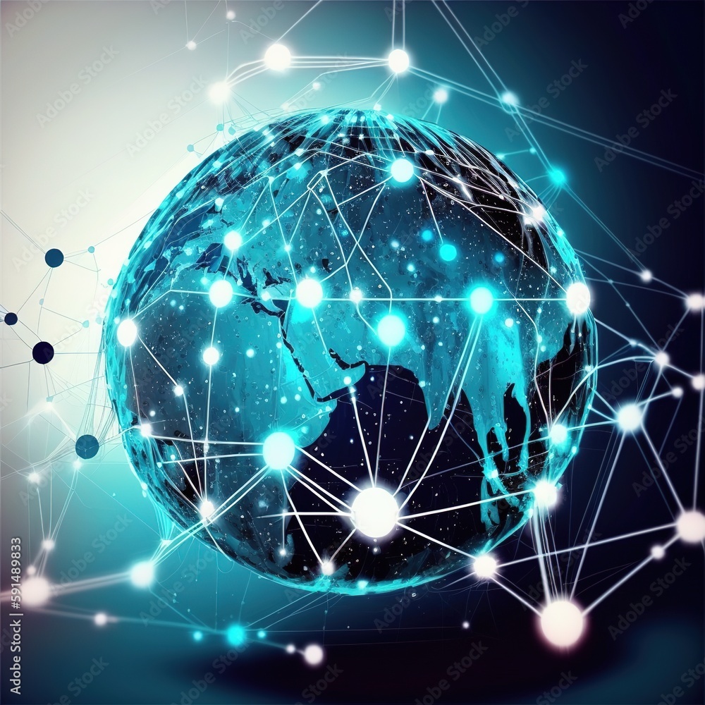 Poster global structure networking and data exchanges customer connection on blue background. global busine
