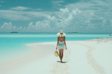 Fototapeta na wymiar A beautiful girl is walking on the white sand of a tropical island.Sea vacation. Rear view of young woman walking away on beautiful tropical white sand beach. Generative AI