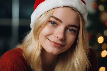 young teenager girl wearing santa claus hat, happy satisfied face expression. Generative AI