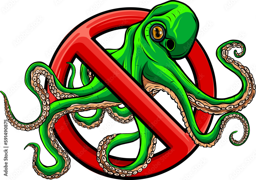 Canvas Prints No Octopus Symbol Isolated on White Background. Underwater Animal Vector Illustration Prohibition Stop Sign.