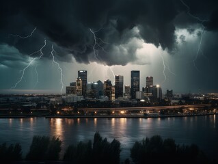 A powerful thunderstorm brewing over a city skyline