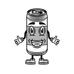 Soda or beer drink can smiling cartoon character with hands and legs vector illustration in vintage monochrome style isolated on white background