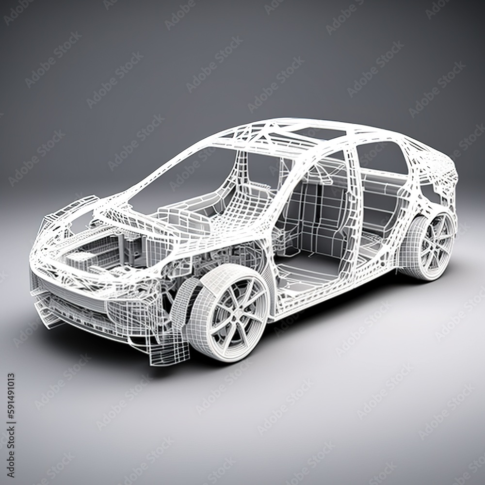 Poster car isolated on white, Future electric car virtual simulation displaying a wireframe prototype model plan for factory production. generative ai