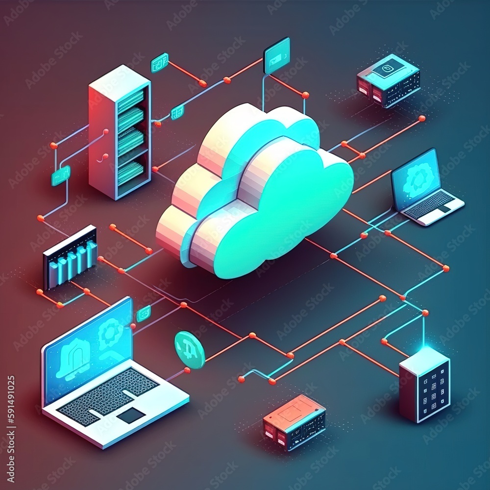 Poster cloud computing concept with laptop, cloud technology, computing. devices connected to digital stora