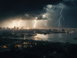 Obraz na płótnie Canvas A powerful thunderstorm brewing over a city skyline
