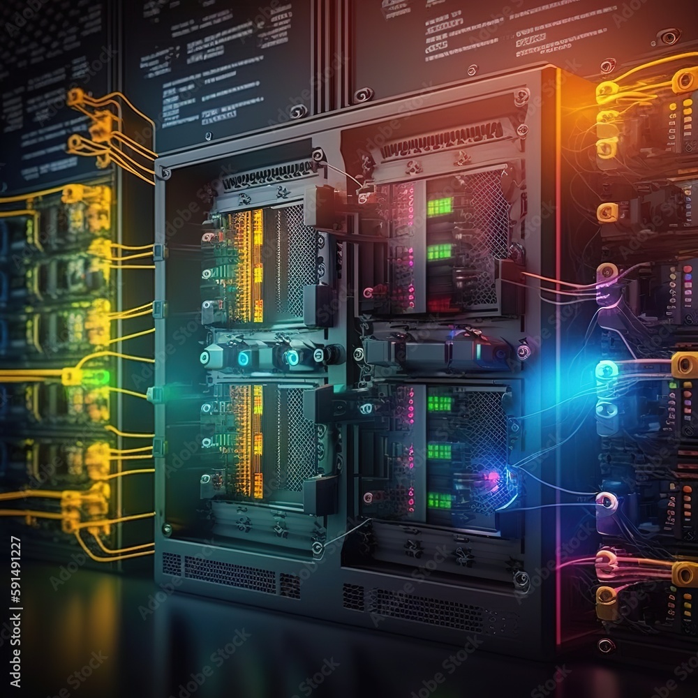 Poster linking the data center's storage systems and global networking servers to the internet network. generative ai