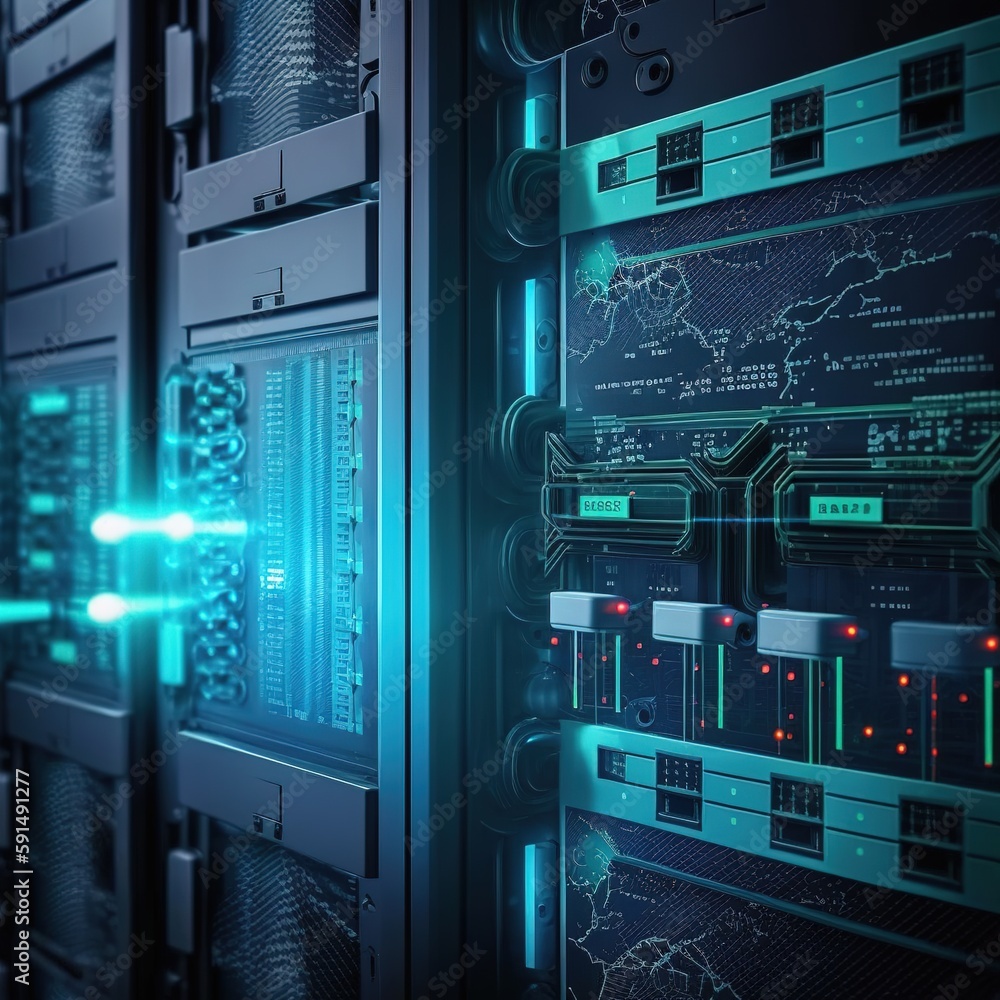 Poster linking the data center's storage systems and global networking servers to the internet network. gen