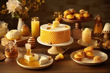 Fototapeta na wymiar A whimsical, honey inspired dessert scene, showcasing a variety of mouthwatering sweets, bee-themed party atmosphere. Generative AI