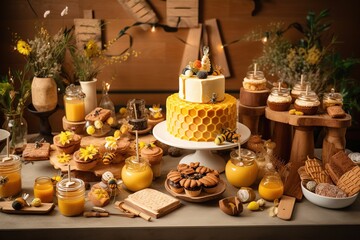 Fototapeta na wymiar A whimsical, honey inspired dessert scene, showcasing a variety of mouthwatering sweets, bee-themed party atmosphere. Generative AI