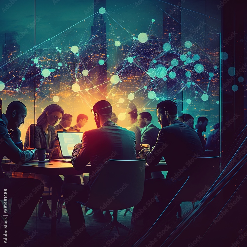 Poster collaborating in the nighttime workplace while using data analysis tools, digital marketing software