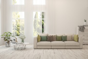 Bright interior design with modern furniture and summer landscape in window. 3D illustration