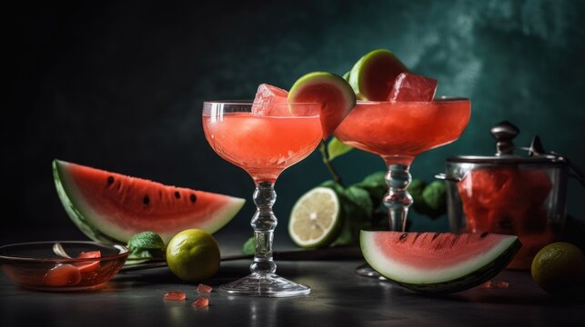 Fresh watermelon cocktails with slices of watermelon. Generative AI.