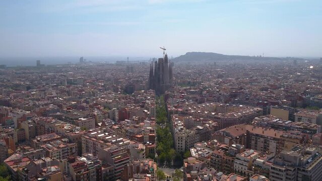 Aerial view of Sagrada Familia, Barcelona. Avinguda de Gaud&iacute;, beautiful panorama. European cityscape. Mediterranean city