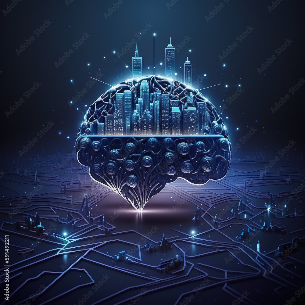 Poster brain in a background, software developer using a tablet computer, large data, and a worldwide inter