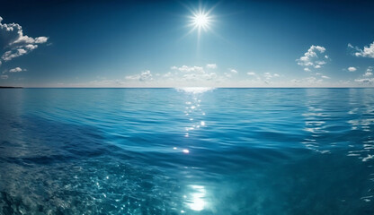 Plakat Paysage d'un océan, mer bleue avec quelques vagues du soleil et des nuages - IA générative