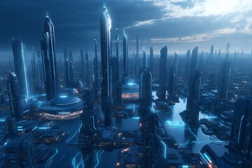 A futuristic cityscape with advanced renewable energy sources, such as geothermal or tidal power, Generative AI - obrazy, fototapety, plakaty
