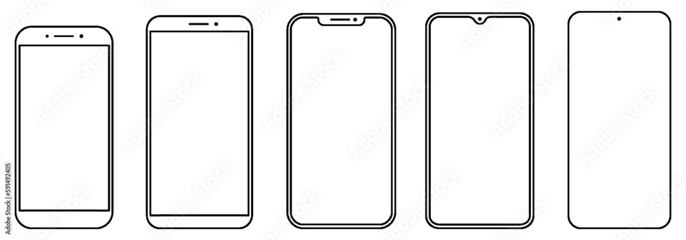 Poster set high quality realistic trendy different black models smartphone with empty touch screen front vi
