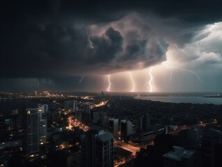 A powerful thunderstorm brewing over a city skyline