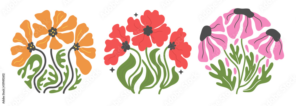 Wall mural groovy abstract flower set. organic circle shapes in trendy naive retro hippie 60s 70s style.