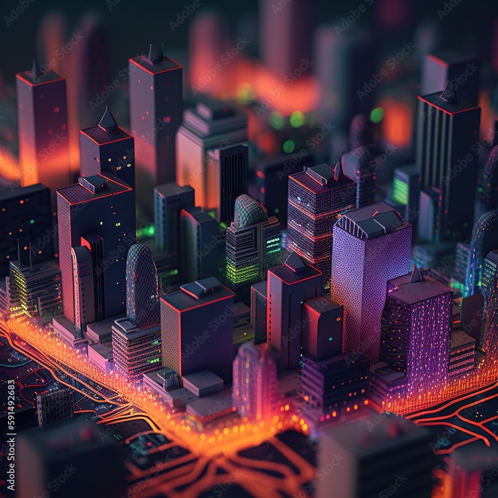 Poster high tech data network color grids over miniature cityscape. generative ai