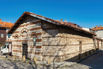 Fototapeta na wymiar Nessebar old town street view, old stone and wooden houses in Nessebar, UNESCO Heritage site, Bulgaria