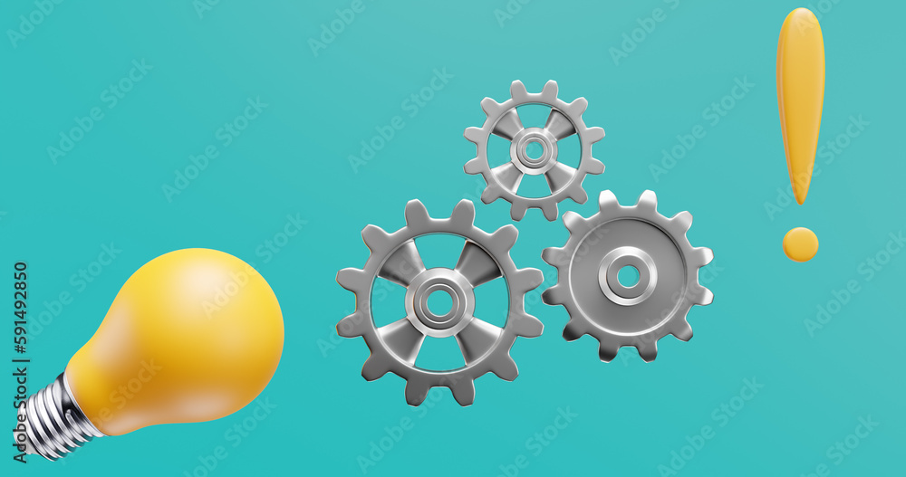 Poster concept of brainstorming innovation invention ideas. light bulb gears. 3d rendering