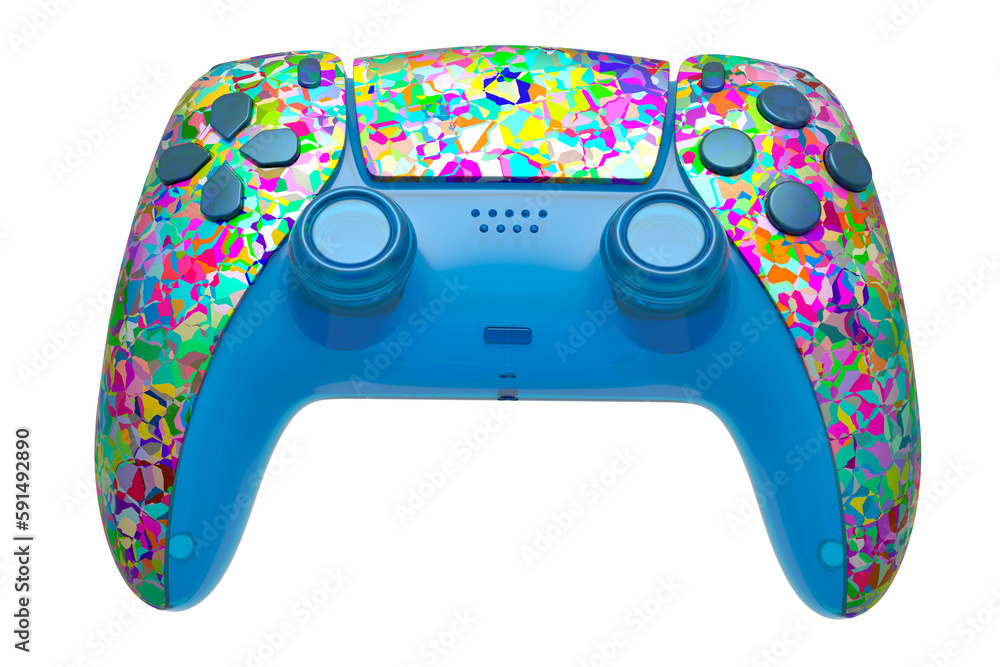 Poster realistic video game joystick with mosaic seamless pattern on white background