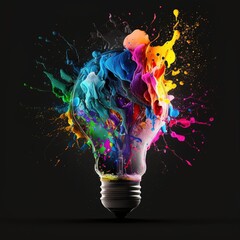 light bulb explodes with bright paint splashes and pieces of glass. Consider a new creative idea thought. Splatter of dried paint. Think and brainstorm. generative ai
