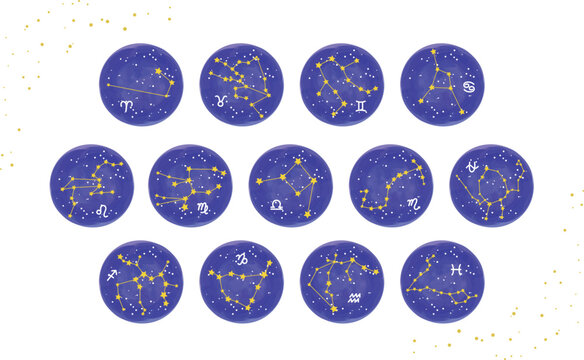 黄道13星座の星座線と手描きシンボルマークの描かれた星空のアイコンイラスト