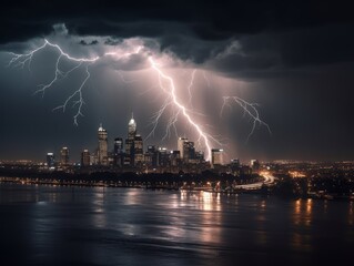 Naklejka na ściany i meble A powerful thunderstorm brewing over a city skyline