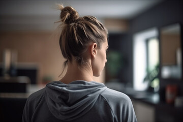 young adult woman or teenager, rear view, at home in her apartment, entering the apartment of the room. Generative AI