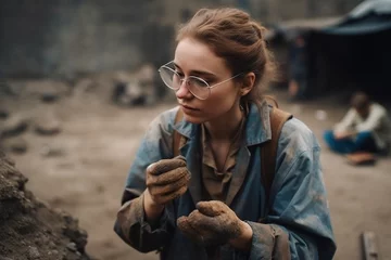 Fotobehang archaeologist at an excavation site, young adult woman. Generative AI © wetzkaz