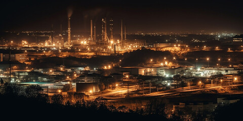 Fototapeta na wymiar Night industrial landscape of a huge plant or factory with many small light sources. Generative AI