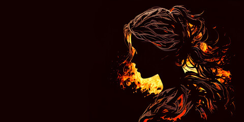 Fiery silhouette of a young woman with long hair, on an isolated black background. Generative AI