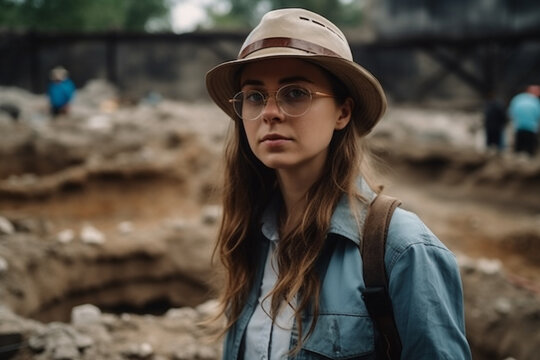 archaeologist at an excavation site, young adult woman. Generative AI