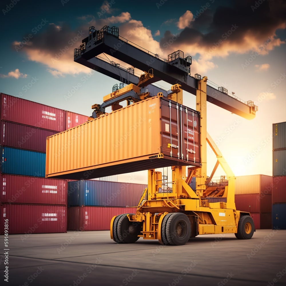 Poster container cargo freight truck, container stacker crane lifting up stacking container box in yard, co