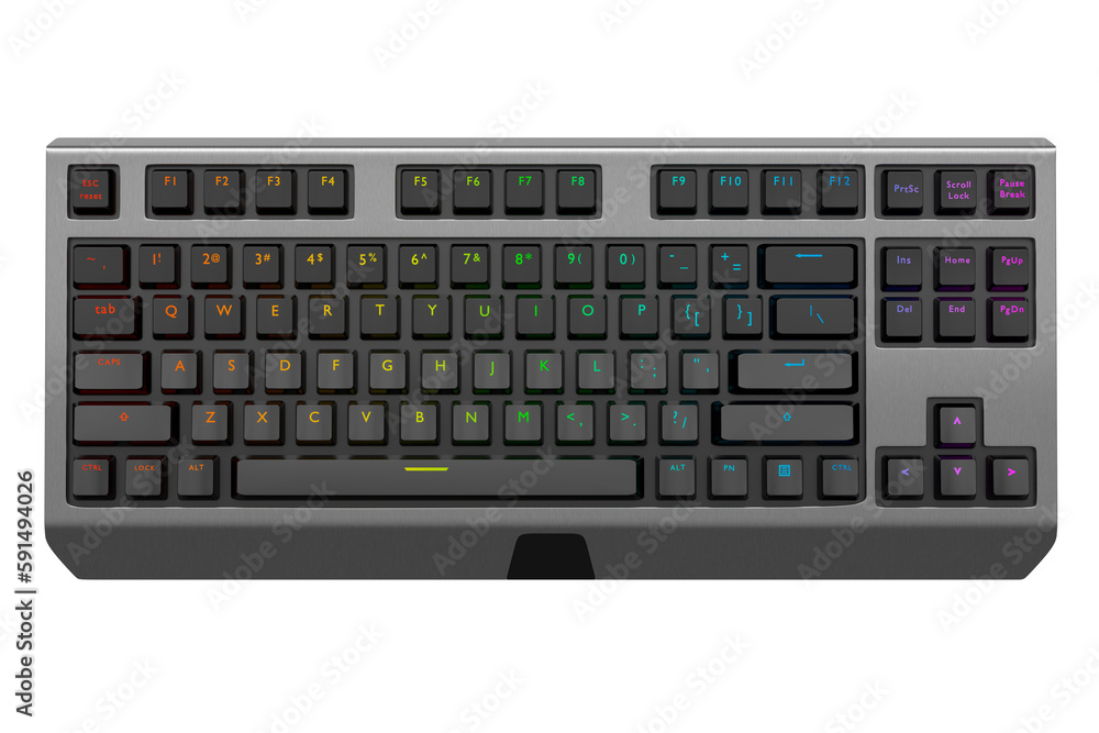 Poster realistic computer keyboard with metallic chrome texture isolated on white
