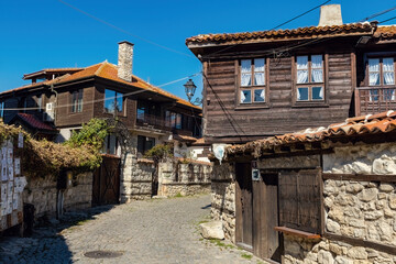 Nessebar old town street view, old stone and wooden houses in Nessebar, UNESCO Heritage site, Bulgaria
