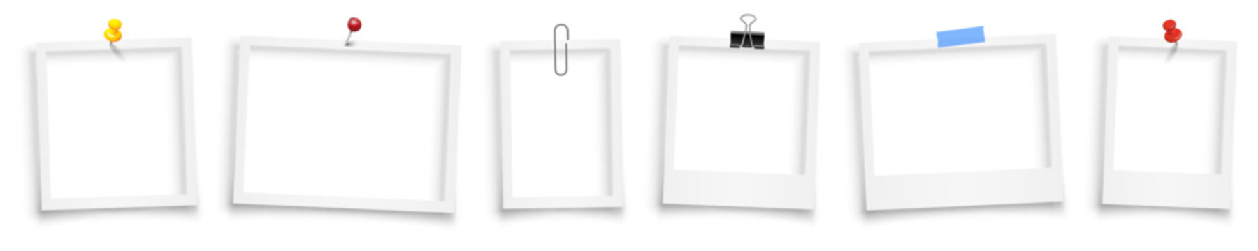 Empty white photo frame with shadows hung on a binder, adhesive tape, paper clip, pin. Set realistic photo card frame mockup - for stock