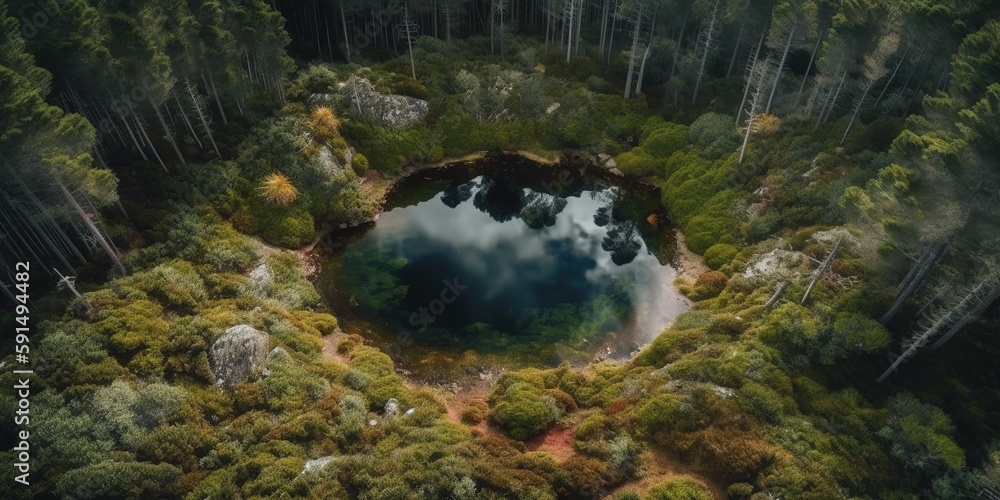 Poster view from the height of the forest and the lake in the middle of the forest.aerial view. panoramic s