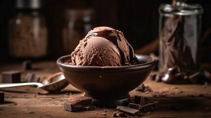 Chocolate ice cream ball on wooden table. Generative AI
