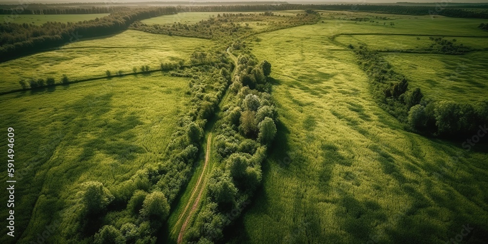 Poster Panoramic view from the height of green fields and meadows in summer.Aerial view. Panoramic shot. Generative AI