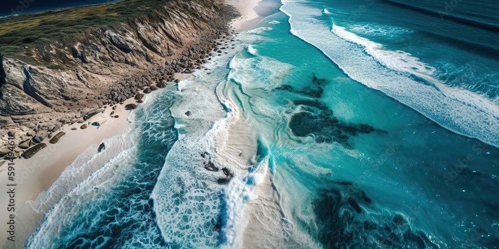 Poster a beautiful picture of a rocky beach with a cliff from above.aerial view. panoramic shot. generative