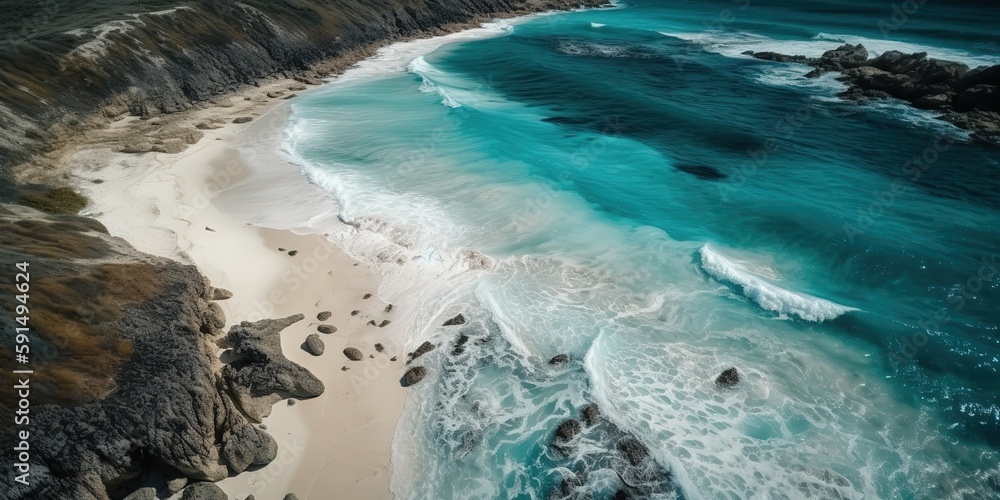 Poster A beautiful picture of a rocky beach with a cliff from above.Aerial view. Panoramic shot. Generative AI